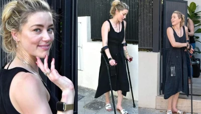 امبر هيرد بظهور لافت وهي تمشي بعكازين