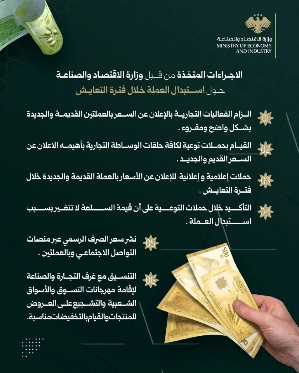 وزارة الاقتصاد والصناعة السورية تطلق إجراءات لتنظيم استبدال العملة واستقرار السوق