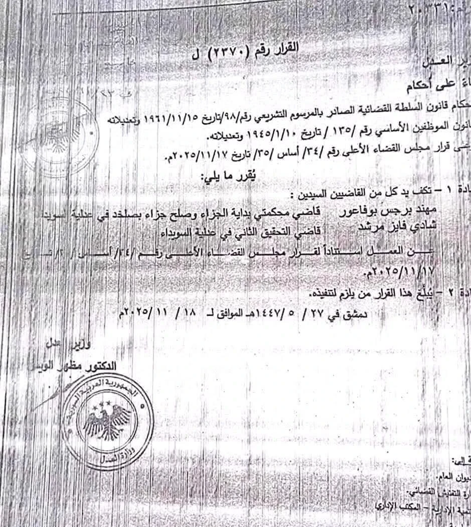 قرار قضائي مثير بعد تولي قاضيين مناصب في إدارة السويداء