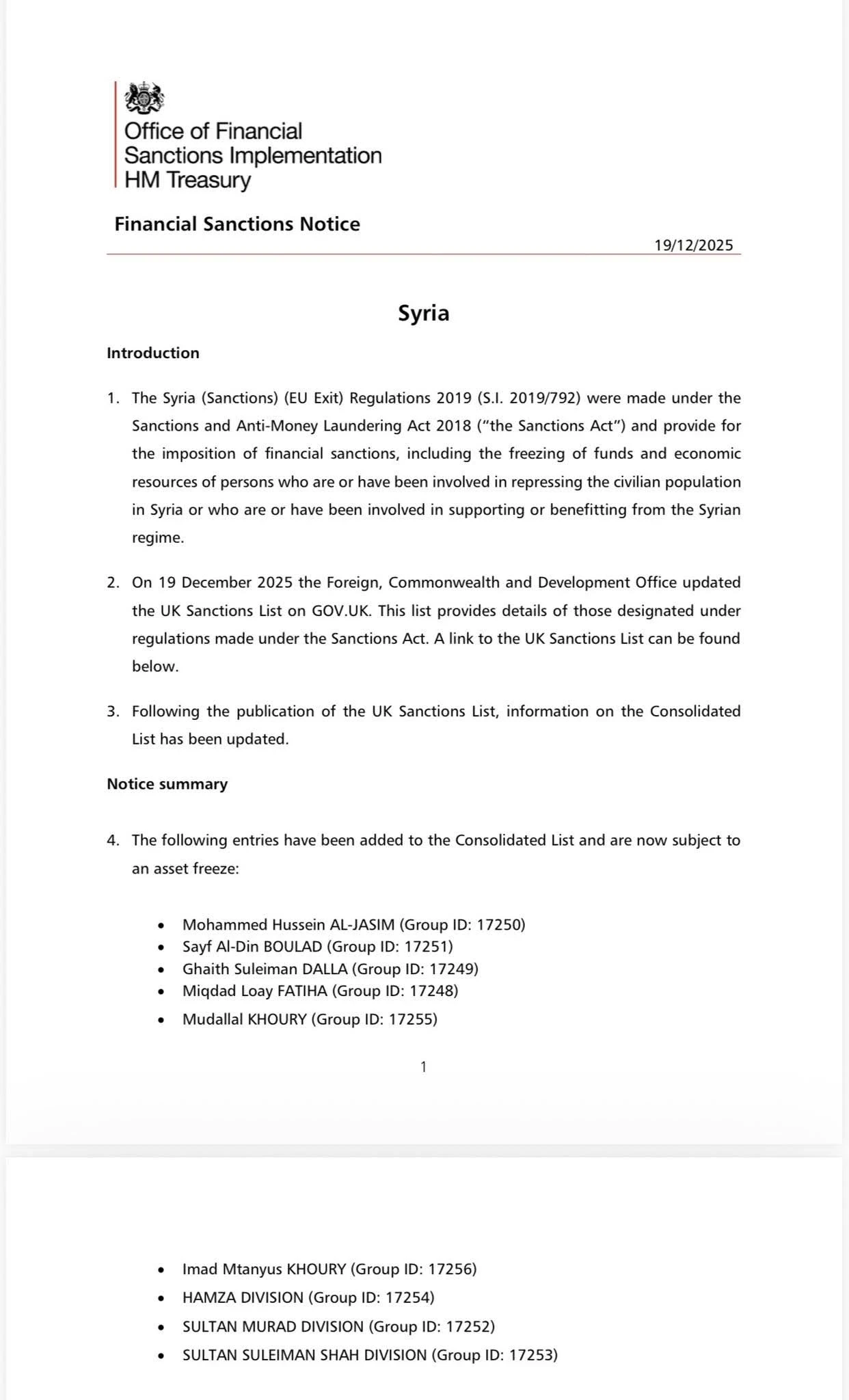 بريطانيا تضيف تسعة أسماء وكيانات جديدة إلى قائمة العقوبات على سوريا