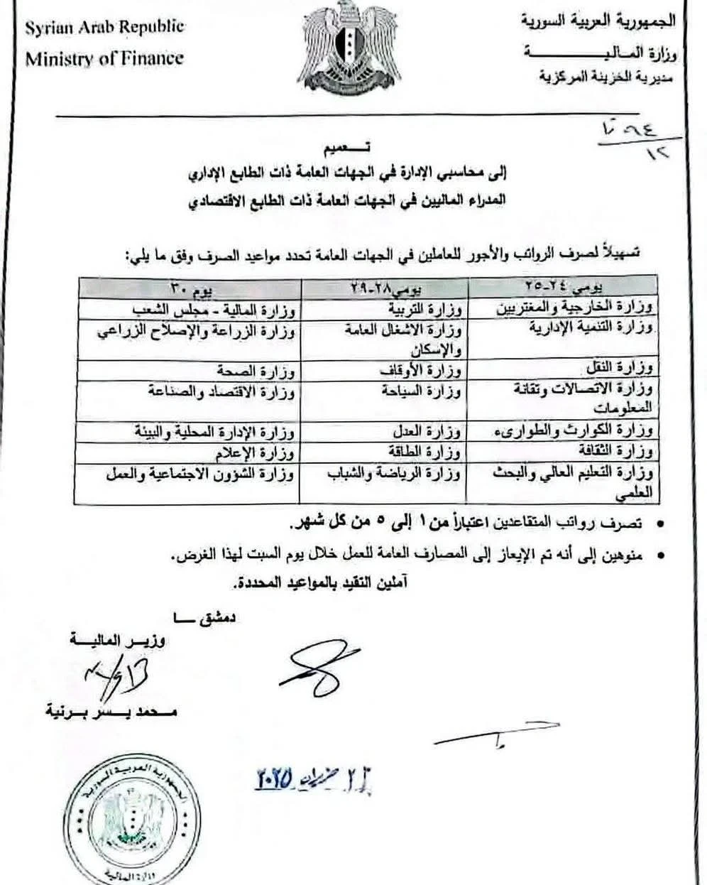 تعميم جديد من وزارة المالية لتحديد مواعيد صرف الرواتب في سوريا