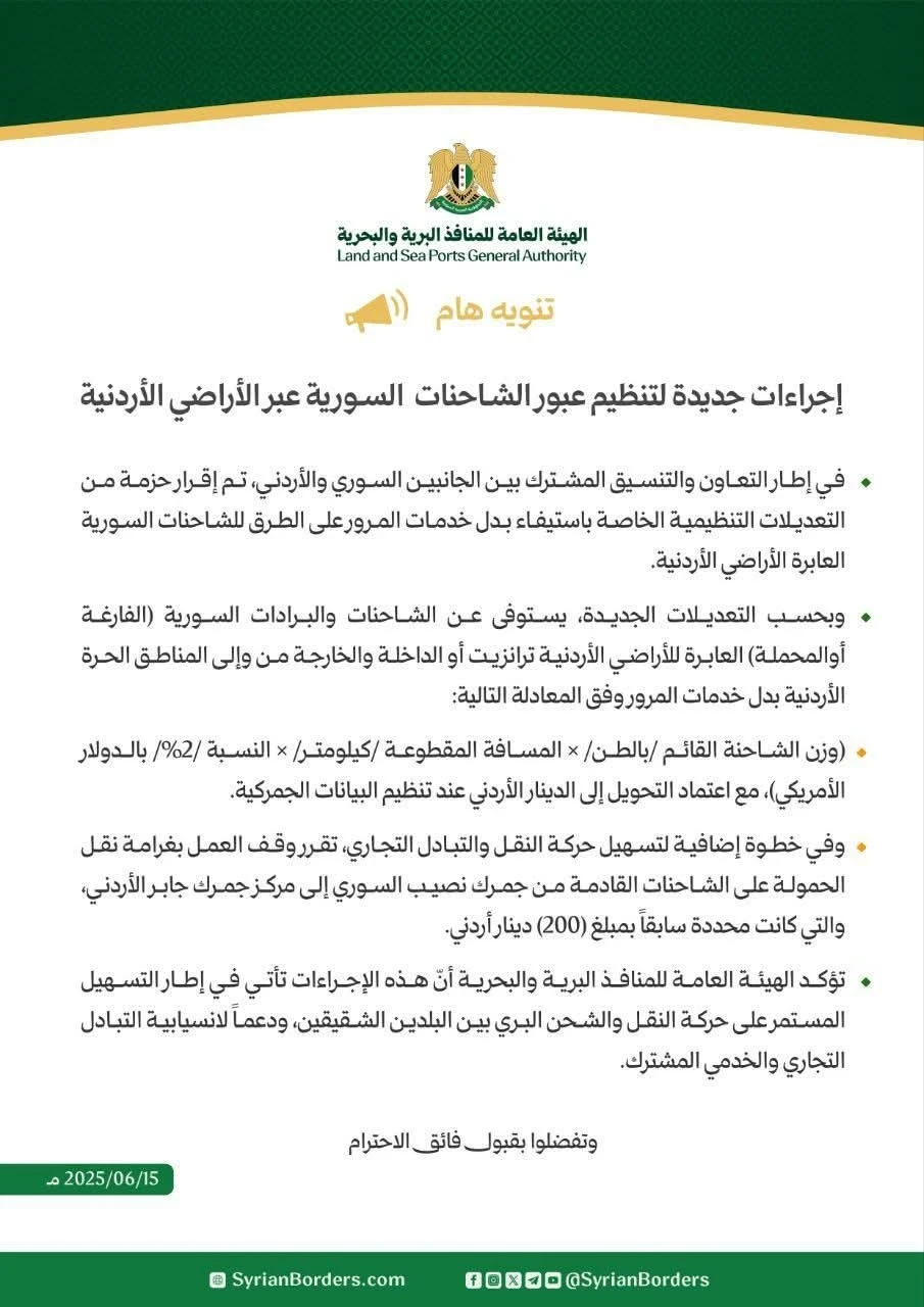 تخفيض رسوم عبور الشاحنات السورية عبر الأردن وفق معادلة جديدة وتسهيلات جمركية
